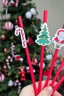 Yılbaşı Temalı Noel Baba Kardan Adam Baston Şeker Süslü Pipetler 10lu Pipet Paketi - 3