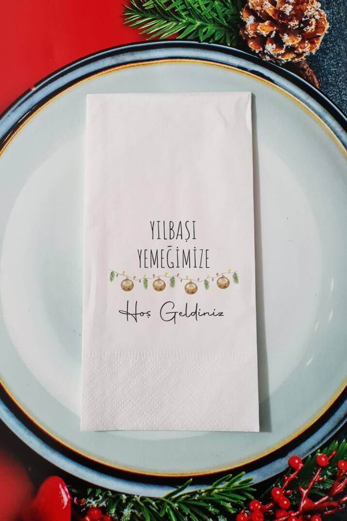 Yılbaşı Yemeğimize Hoş Geldiniz Yazılı Yılbaşı Çanları Yeni Yıl Sunum Peçetesi - 1