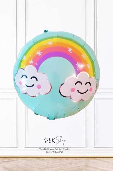 Yuvarlak Bulutlu Gökkuşağı Baskılı Folyo Balon 45cm - 1