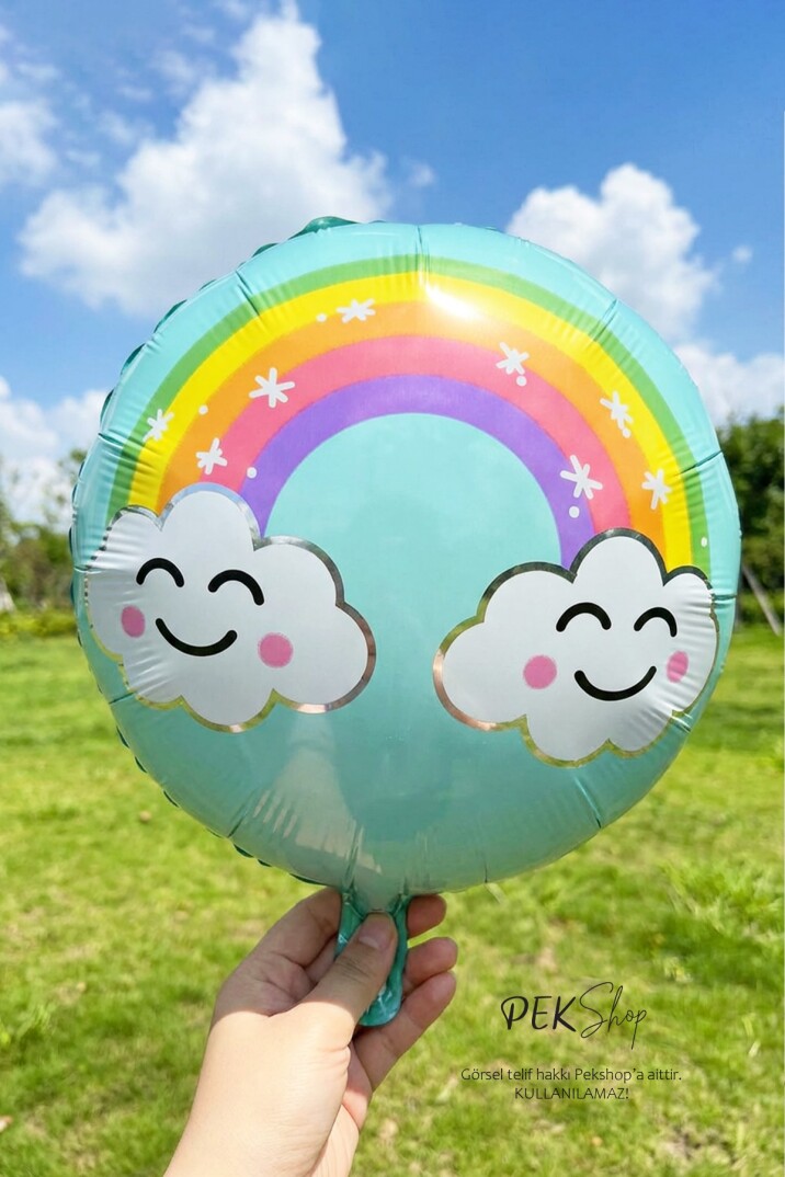 Yuvarlak Bulutlu Gökkuşağı Baskılı Folyo Balon 45cm - 2
