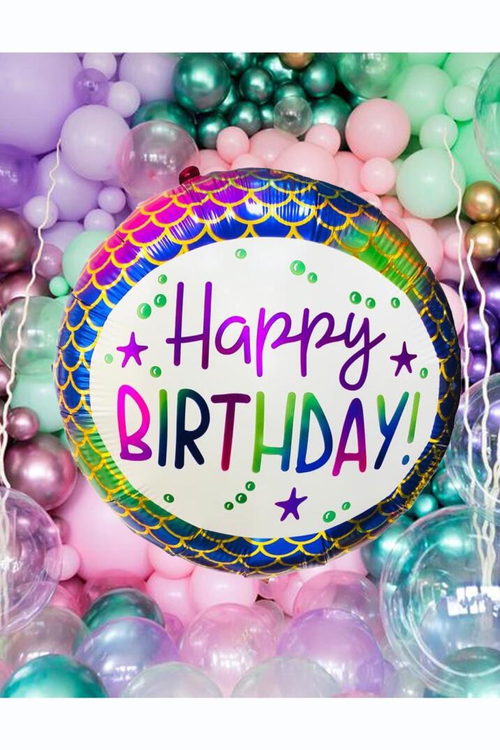 Yuvarlak Deniz Kızı Tema Doğum Günü Balonu Happy Birthday 18 inç - 2