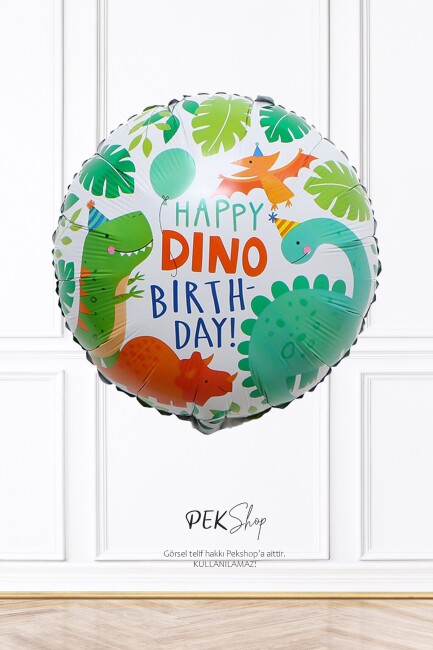 Yuvarlak Happy Dino Birthday Dinazor Tema Doğum Günü Balonu 45cm - 1
