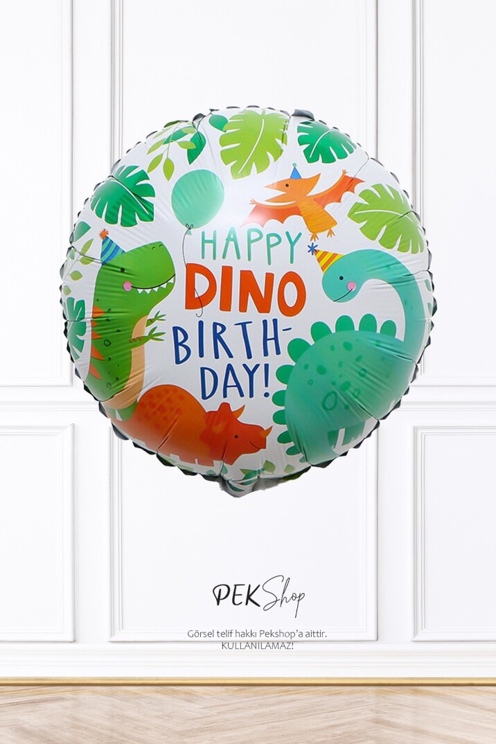 Yuvarlak Happy Dino Birthday Dinazor Tema Doğum Günü Balonu 45cm - 1