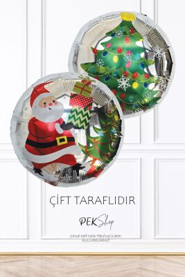 Yuvarlak Noel Baba Yılbaşı Ağacı Desenli Yılbaşı Balonu Çift Taraflı - 1