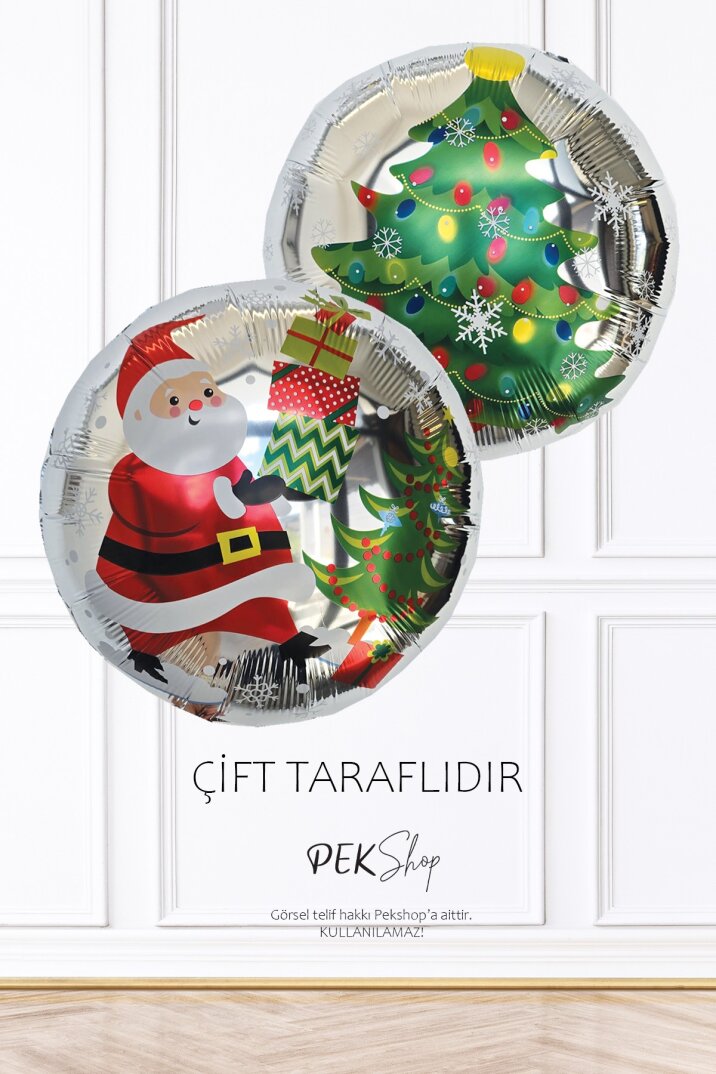 Yuvarlak Noel Baba Yılbaşı Ağacı Desenli Yılbaşı Balonu Çift Taraflı - 1