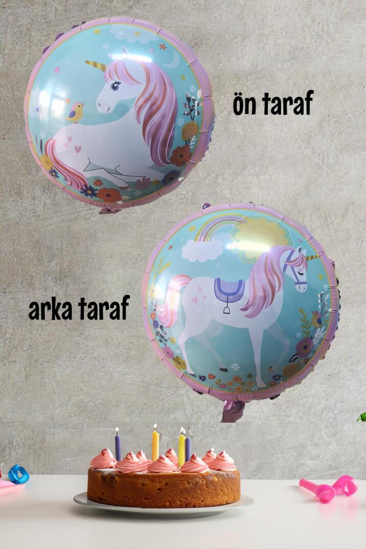 Yuvarlak Unicorn Temalı Folyo Balon Çift Taraflı Unicorn Konsept Balon 45cm - 1