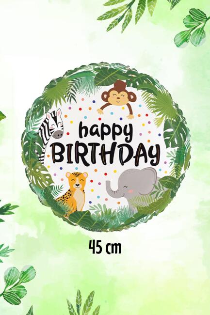 Yuvarlak Wild Safari Temalı Folyo Balon Happy Birthday Yazılı Safari Konsept Doğum Günü Balonu 45cm - 1