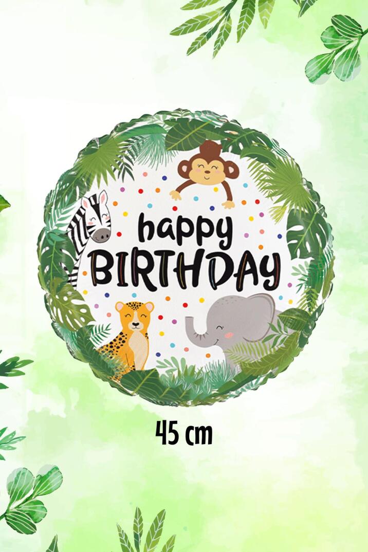 Yuvarlak Wild Safari Temalı Folyo Balon Happy Birthday Yazılı Safari Konsept Doğum Günü Balonu 45cm - 1