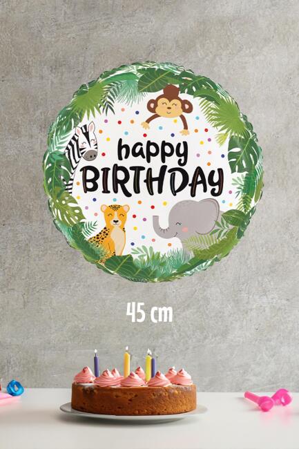Yuvarlak Wild Safari Temalı Folyo Balon Happy Birthday Yazılı Safari Konsept Doğum Günü Balonu 45cm - 2