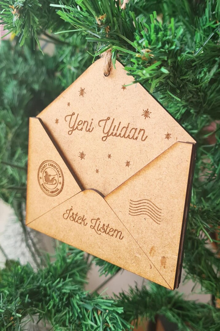 Zarf Şeklinde Ahşap Özel Üretim Yılbaşı Ağaç Süsü Yeni Yıldan Dilek Listesi - 2